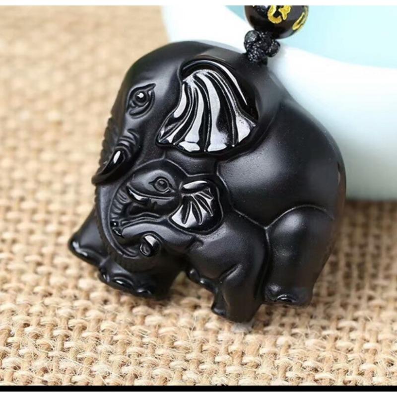 High-quality Obsidian Elephant Mother-child Pendant for Men and Women Crystal Obsidian Elephant Mother-child Pendant