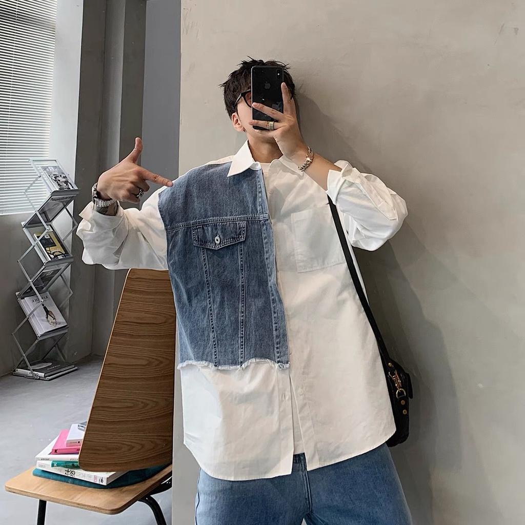 Langarmhemd im Frühlings- und Sommerstil für Herren, lockeres Nischendesign, kontrastfarbene Nähte, Jeanshemd