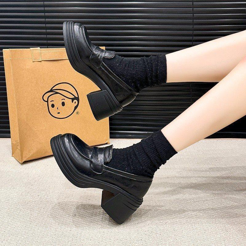 Single Shoes Women's Platform 2025 One-pedal French New Loafers Deep Mouth Round Head High Heels Thick Heel British Black
