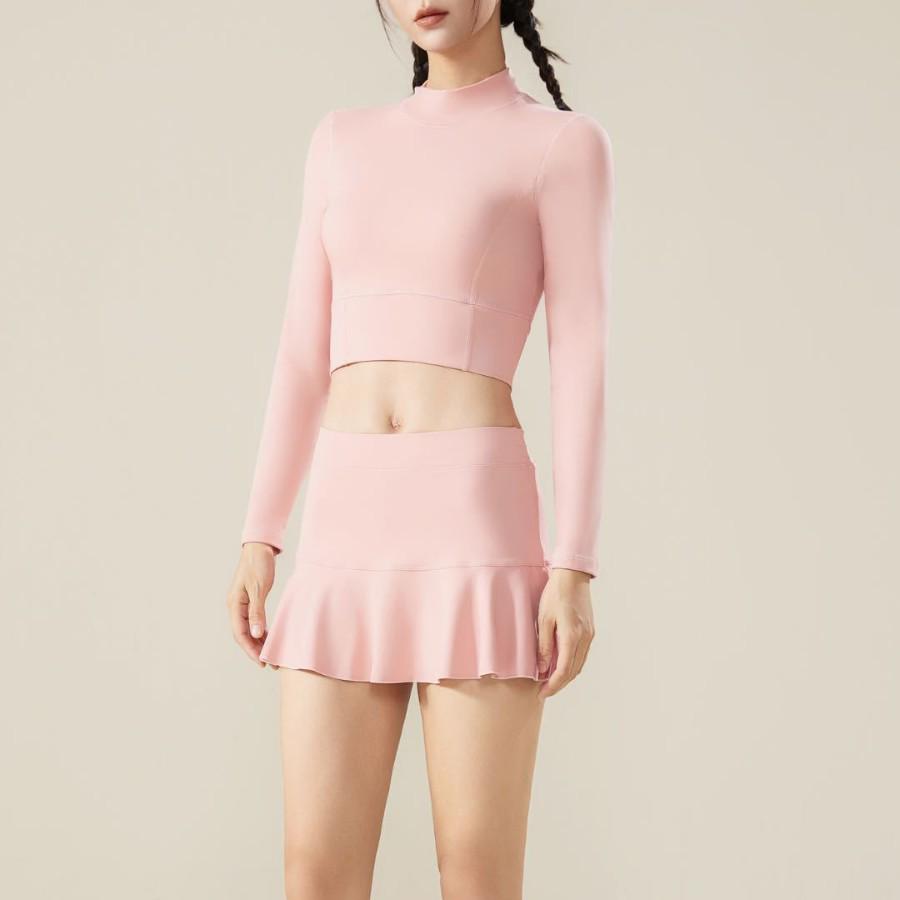 

Женский костюм для йоги с высоким воротом и вырезами, с нагрудными вкладышами - Лонгслив и короткая юбка для фитнеса и бега Large розовый