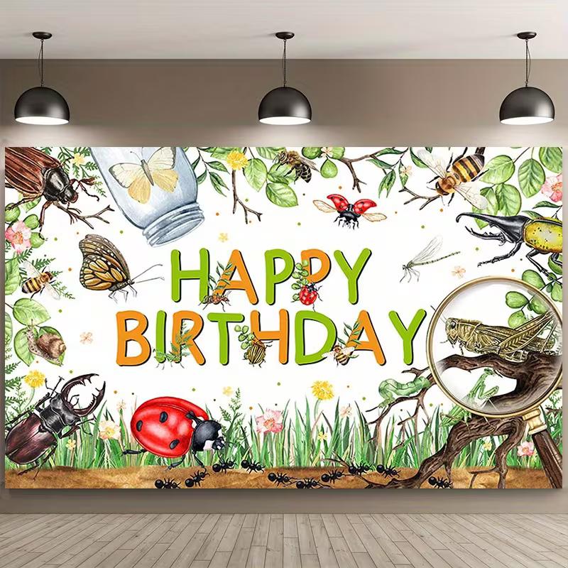 2D Bug Adventure Happy Birthday Backdrop, Kids Nature Party Banner, Photography Background