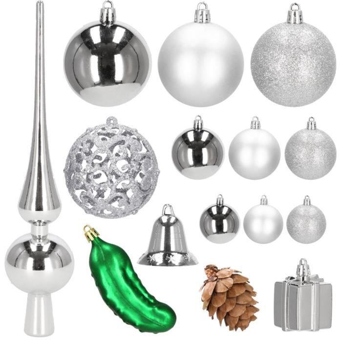 SPRINGOS® Boules de Noël 100 pièces, pointe incluse Plastique différentes formes Argenté Décorations pour Sapin