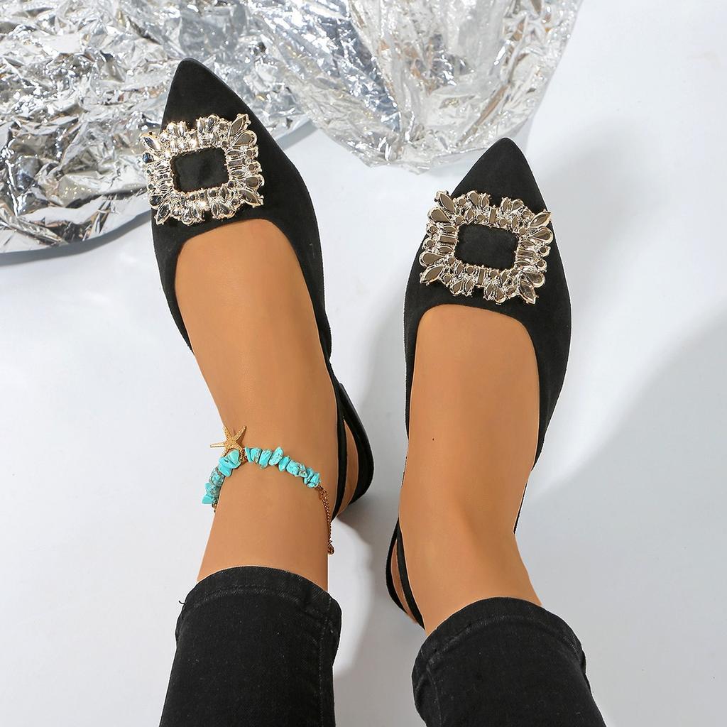 2025 new summer casual flat-bottomed bag head sandals women's fashion rhinestone square buckle large size pointed sandals women