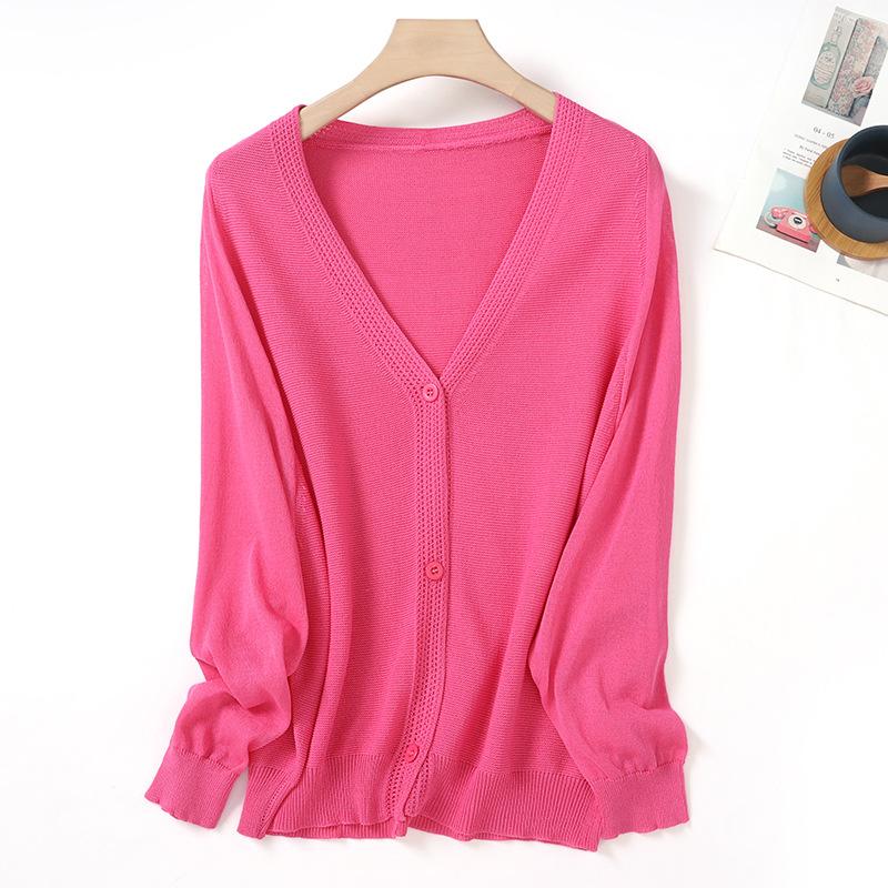 New Summer Literary and Fresh Linen Knitted Cardigan V-neck Solid Color Loose Version Long-sleeved Women's Cardigan