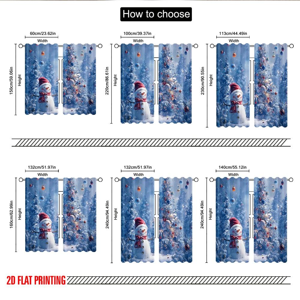 2pcs 2D Flat Printing Merry Christmas Trendy Curtains Christmas Winter Snowman Tree Snowflakes Lovely Blue White Digital Printed