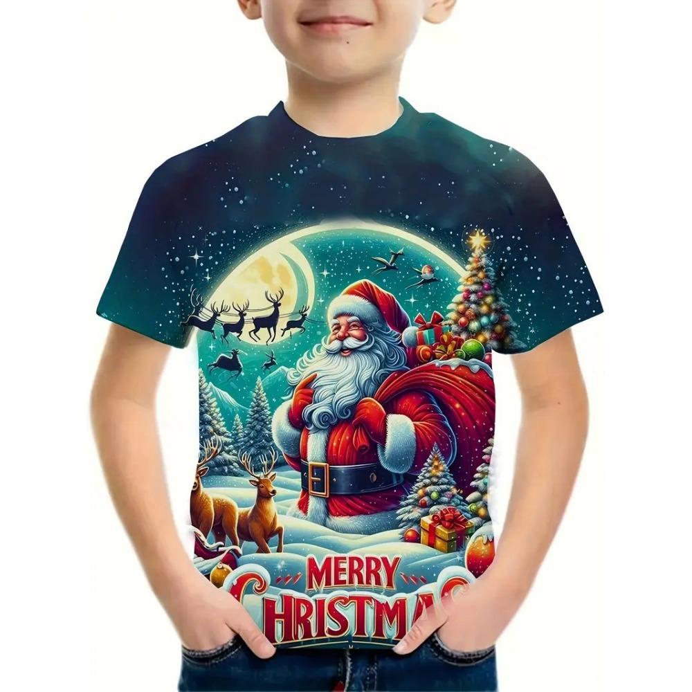 Children's Christmas Series 3D Digital Printed Boys' Fashion and Casual Round Neck Short Sleeved T-shirt