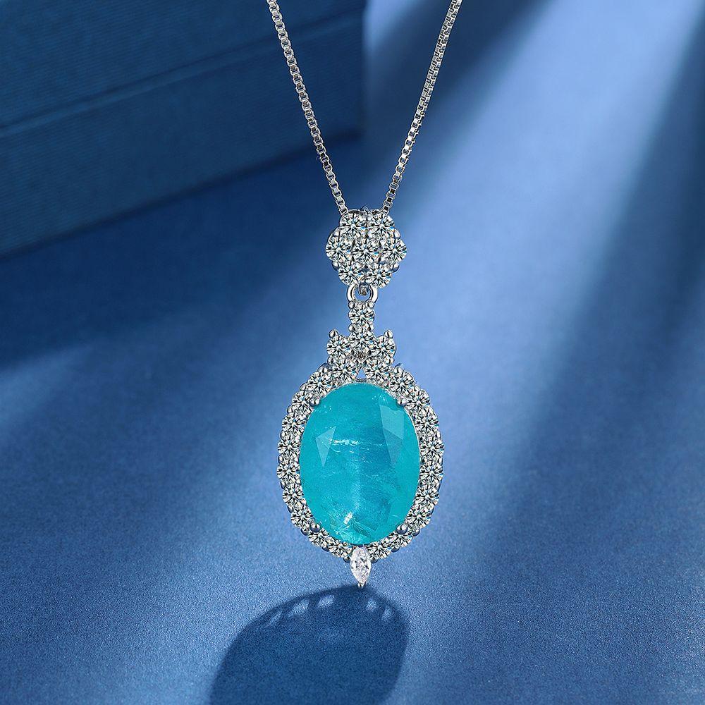 925 Sterling Silver Fashion Blue Zircon Full Diamond Necklace Earrings Set Birthday Anniversary Party Set Gift