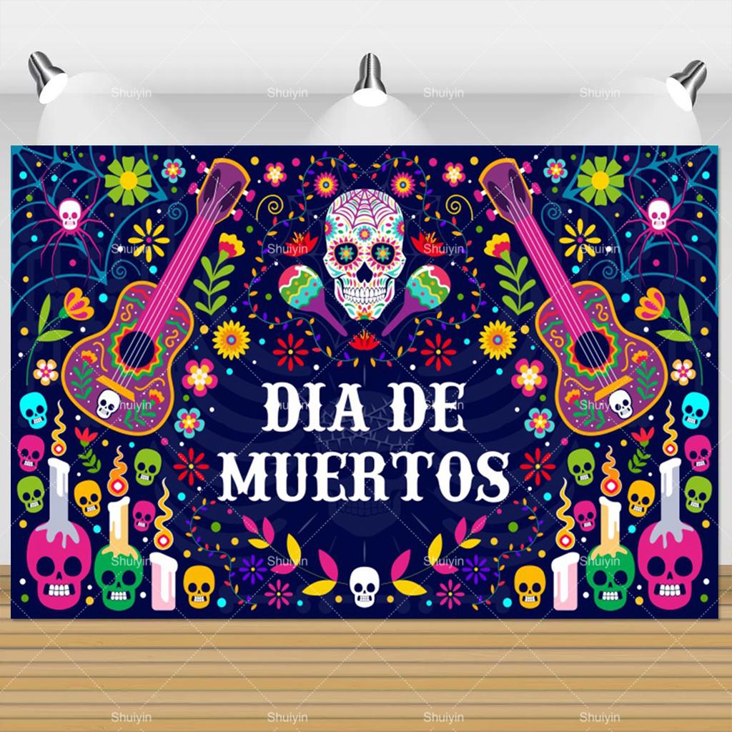 1pc Mexican Day of the Dead Background Skeletons Guitar Dia De Muertos Festive Decoration Party Supplies Fiesta Photo Shoot Prop