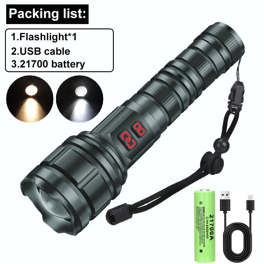9900LM Powerul White Laser LED Flashlight 21700 Battery USB Charging Al Alloy Zoom Tactical Torch Outdoor Camping Hiking Lamp