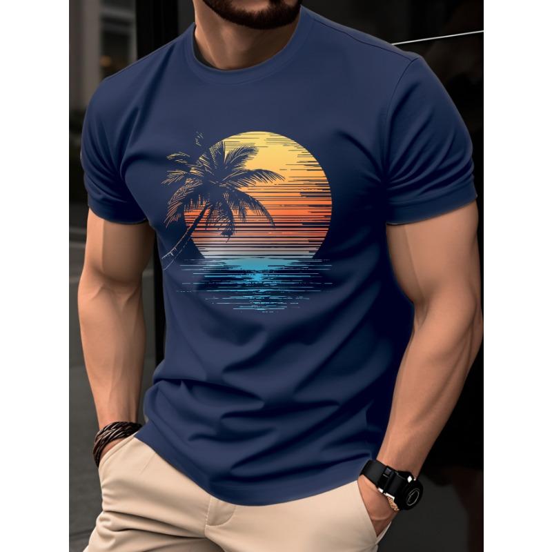 Men's Summer Casual Fashion Sunset Palm Tree Print Crew Neck Short Sleeve T-Shirt