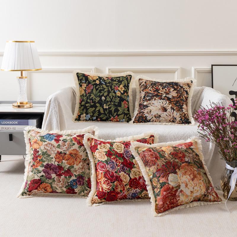 2pcs Vintage Floral Sofa Pillow Cover with Tassels, Zipper Closure, Hand Wash Only, Multi-Use for Living Room, Bedroom, Car Decor