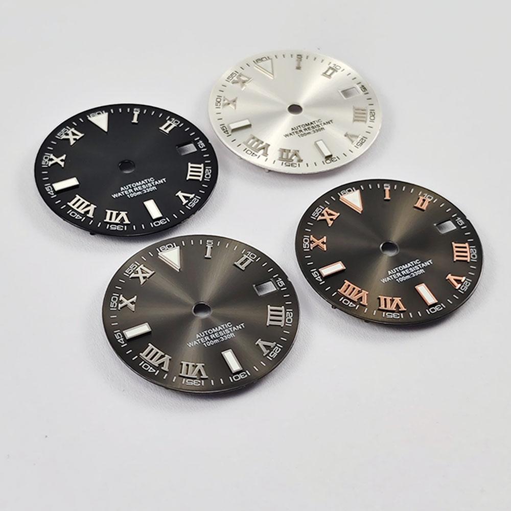 NH35 29mm No Logo Sterile Sunburst Watch Dial For NH35A NH36 Movement Green Luminous Silver/Rose Gold Roman Numeral Nail Dial
