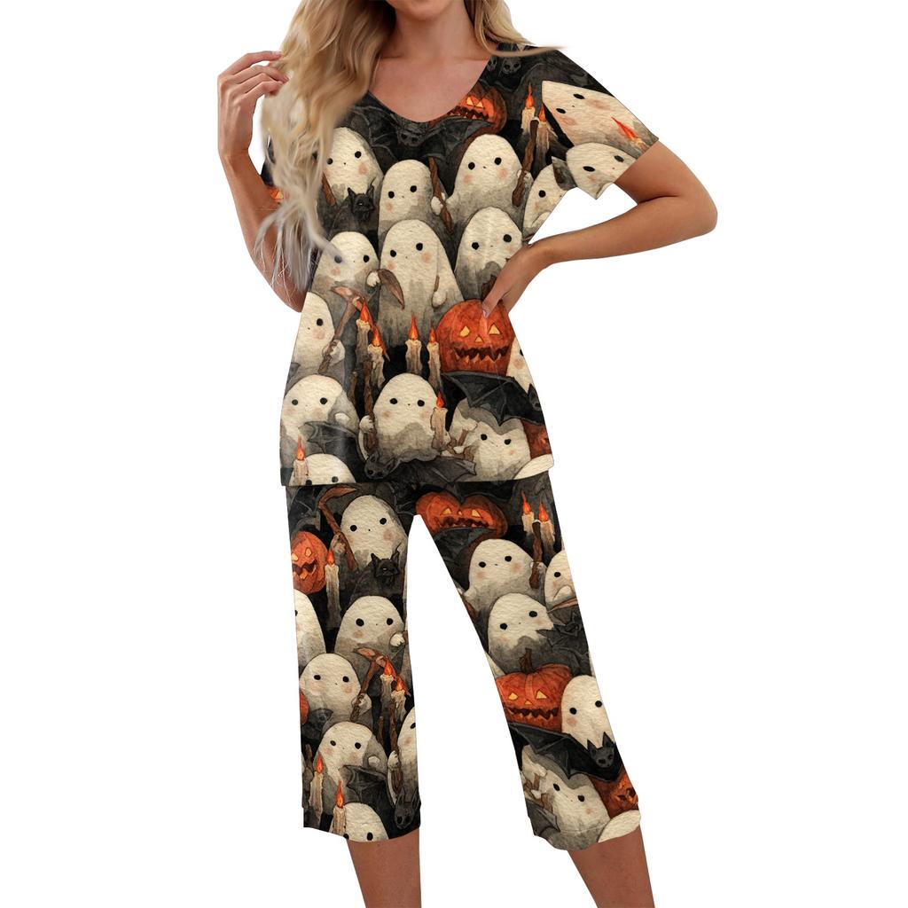 Women Two Piece Set Halloween Print Short Sleeve Top and Capri Pants Lounge Wear Casual Pajama Set