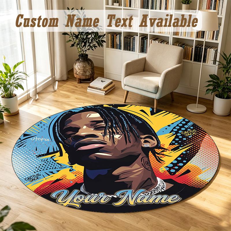 Round Rug Custom NameTravis Scott Pattern Non Slip Carpet Home Floor Decor