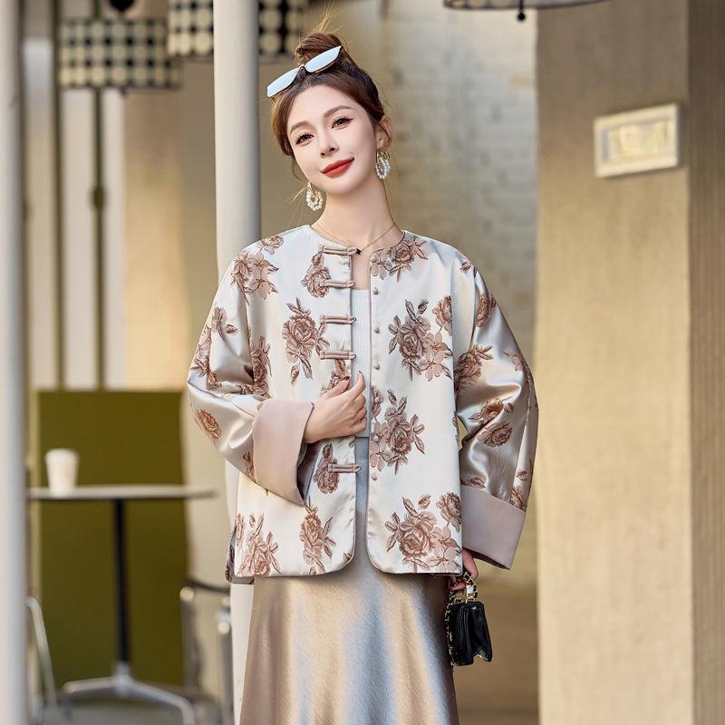 Women's 2025 Spring Floral Frog Button Jacket - Round Neck, Loose Fit, Chinese National Style