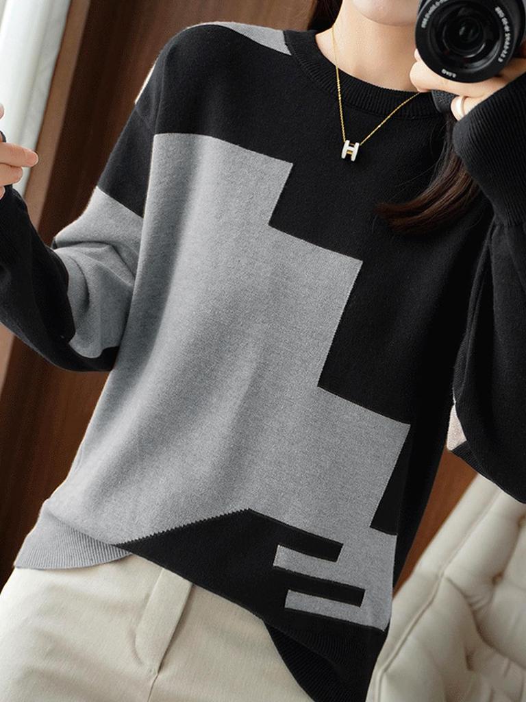 Doors Knit Top with Paneled Round Long Office Loose Long and Panels, Neck, Sleeves, Fall/Winter Pullover, Workwear, Wear, Fit, Comfortable, Sleeves,