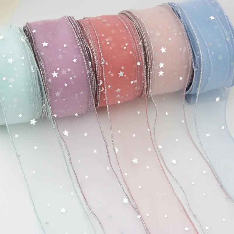 (5 Yards/roll) Stars Silk Organza Ribbon Bow Material for Hair Print Flower Decoration Lace Ribbons