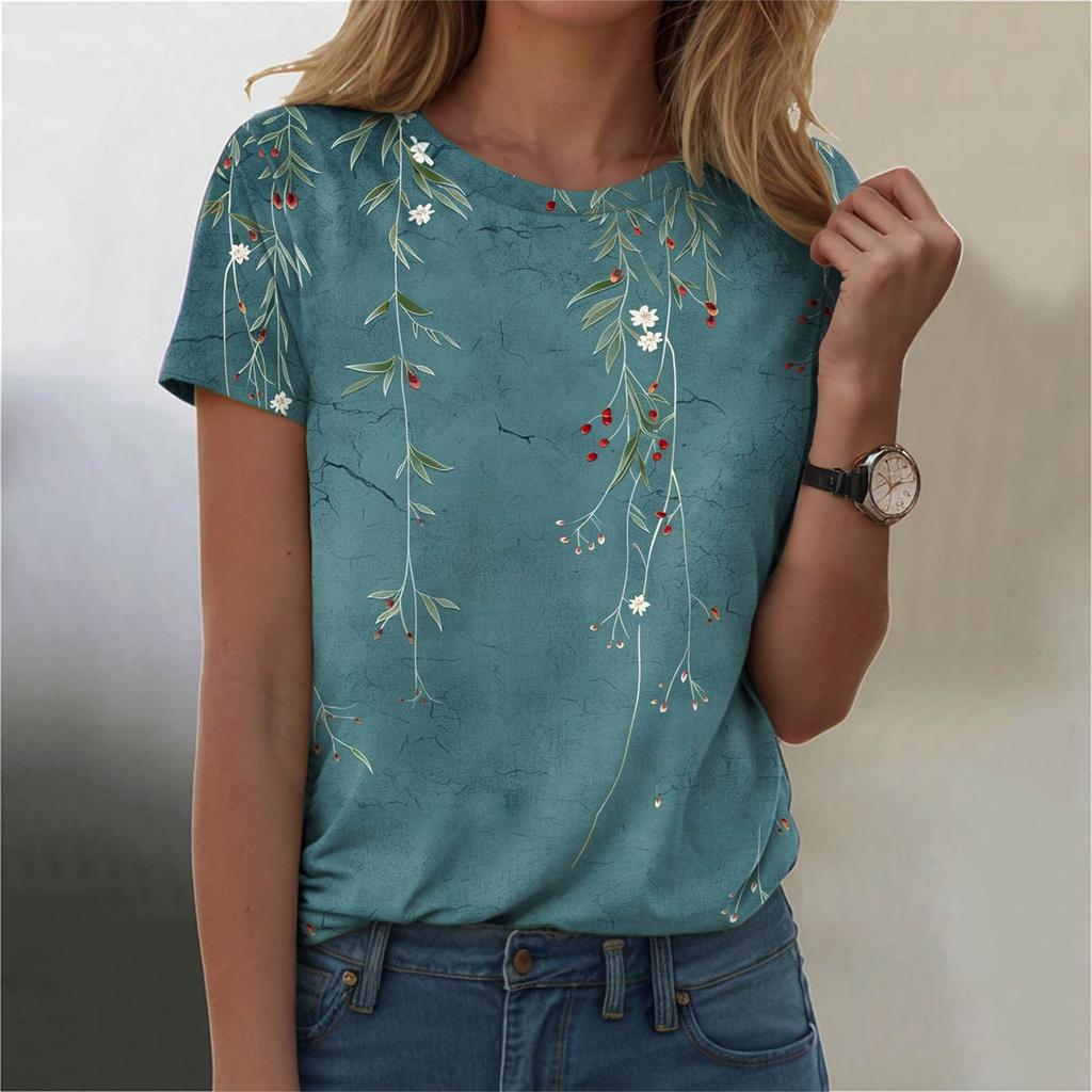 Summer Round Neck Floral Pattern 3D Print Top Fashionable Casual Short Sleeved Women's T-shirts