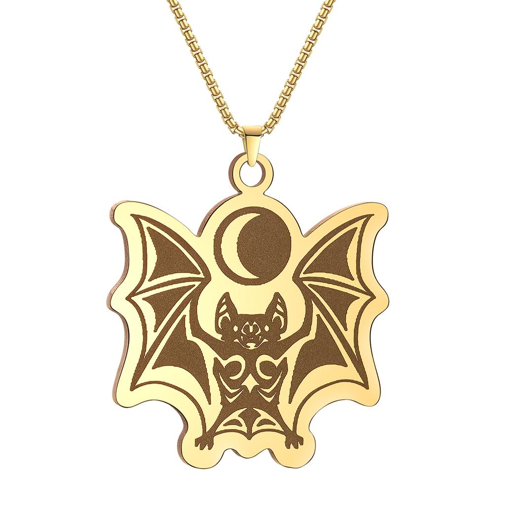 Kinitial Stainless Steel Runic Tribal Vampire Bat With Moon Men Necklace Punk Jewelry Pendant Necklace