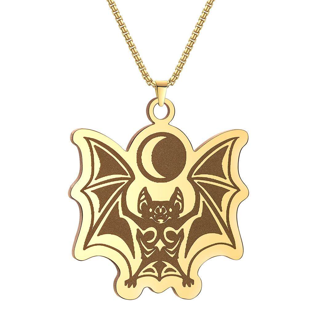 Kinitial Stainless Steel Runic Tribal Vampire Bat With Moon Men Necklace Punk Jewelry Pendant Necklace