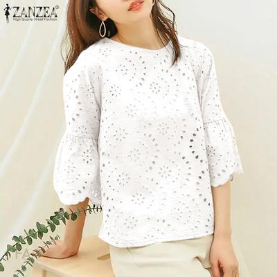 Women Casual O-neck Hollow Out Lace Patchwork 3/4 Sleeve Blouse