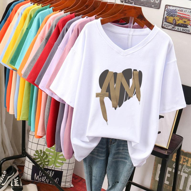 

Short-sleeved T-shirt for Women, Large Size, Loose and Slimming, Printed V-neck Top S білий