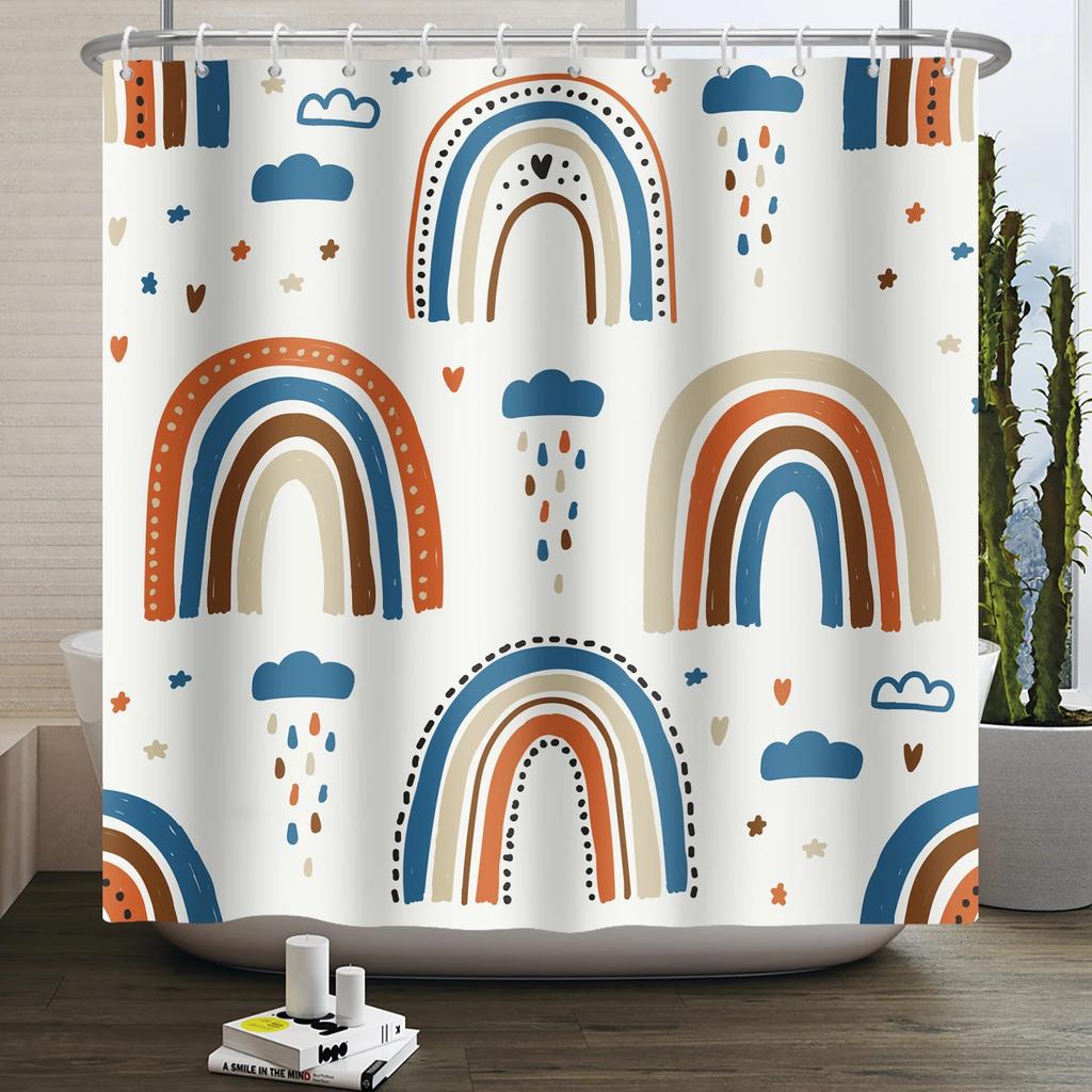 Cartoon-Duschvorhang für Badezimmer Kinder Regenbogen Wolke Sonne Sterne Blume Einhorn Niedliche Tiere Wasserdicht Badvorhang Heimdeko