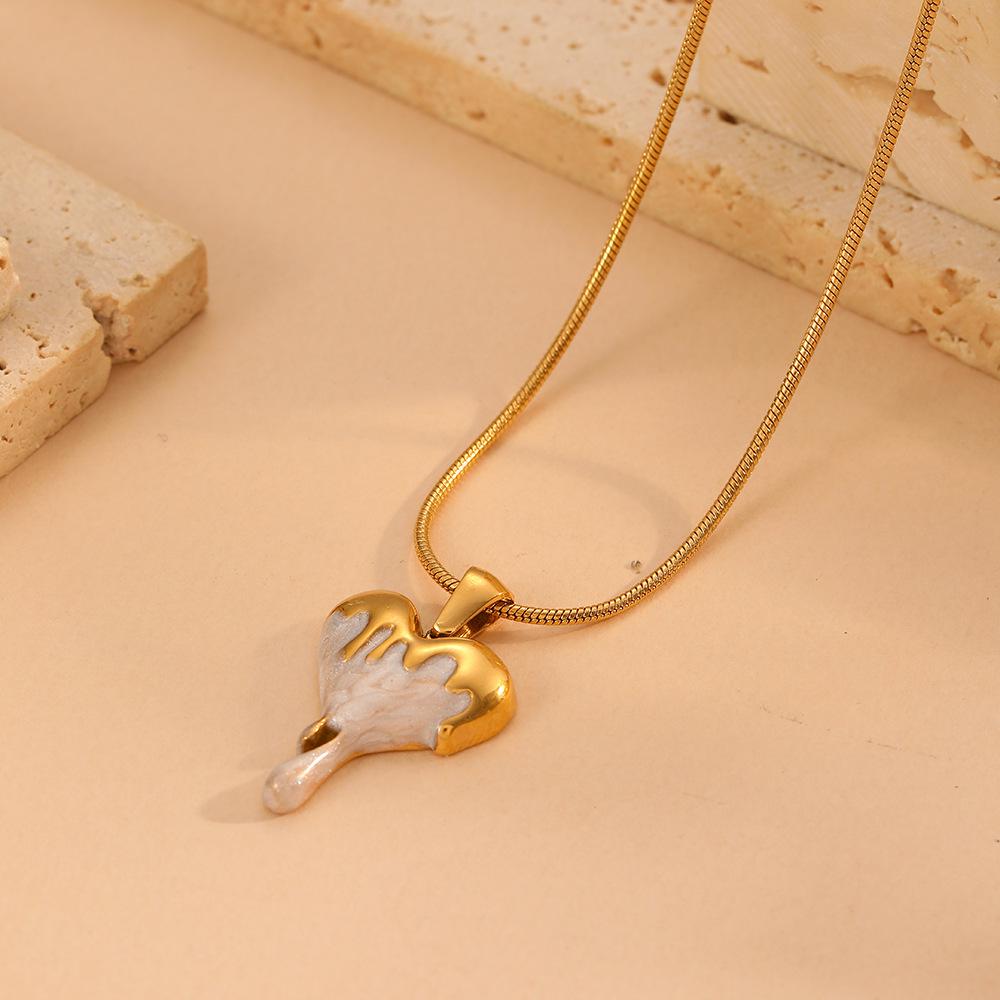 Stainless Steel Heart Necklace & Earring Set - Women s Irregular Drip Oil Peach Heart Design, Non-Fading Titanium Steel