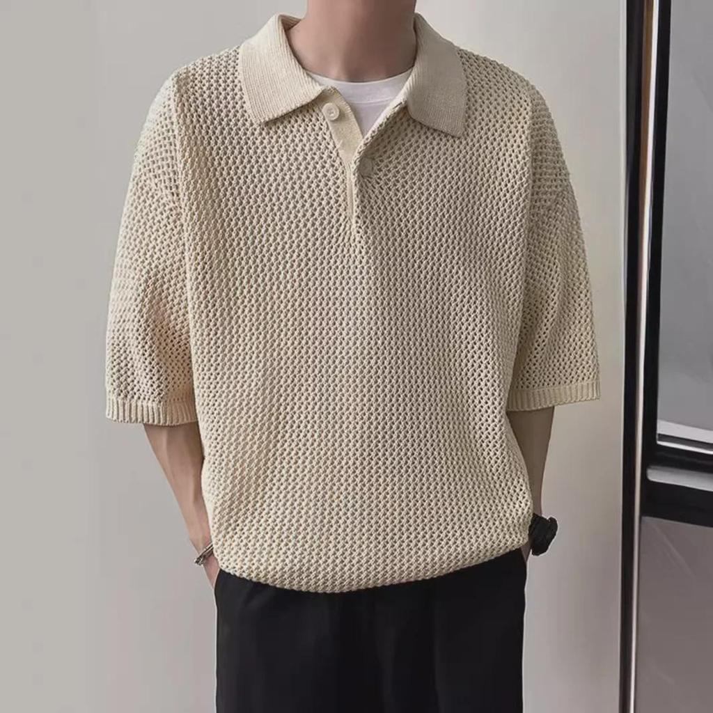 Men's Summer Polo Shirt - Hollow Knit, Short Sleeve, Breathable, Old Money Style, High-End, Shirt Collar