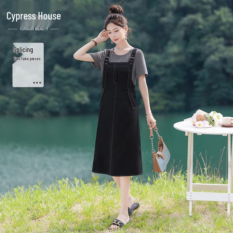 

Siboshe 2025 Summer Faux Two-Piece Round Neck Mid-length Dress M