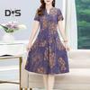 Women Summer Dress V Neck Long Sleeve Chinese Style Short Sleeves Printed A Line Pleated Pockets Knee Length Mid Aged Women Mother Midi Dress