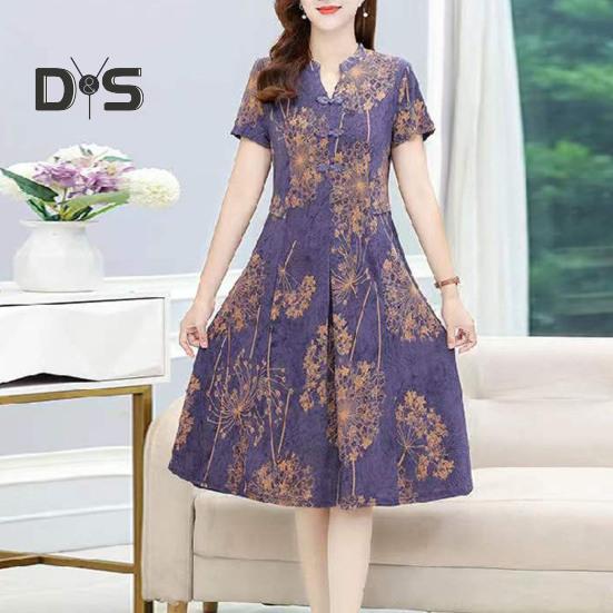 Women Summer Dress V Neck Long Sleeve Chinese Style Short Sleeves Printed A Line Pleated Pockets Knee Length Mid Aged Women Mother Midi Dress