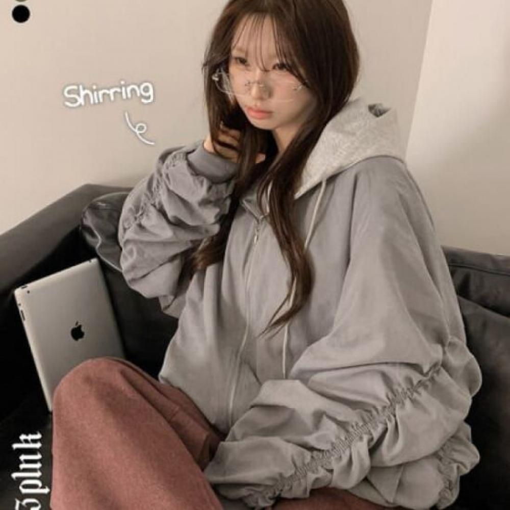 The Pink Loose Fit Shirring Two Way Hooded Bomber Jacket