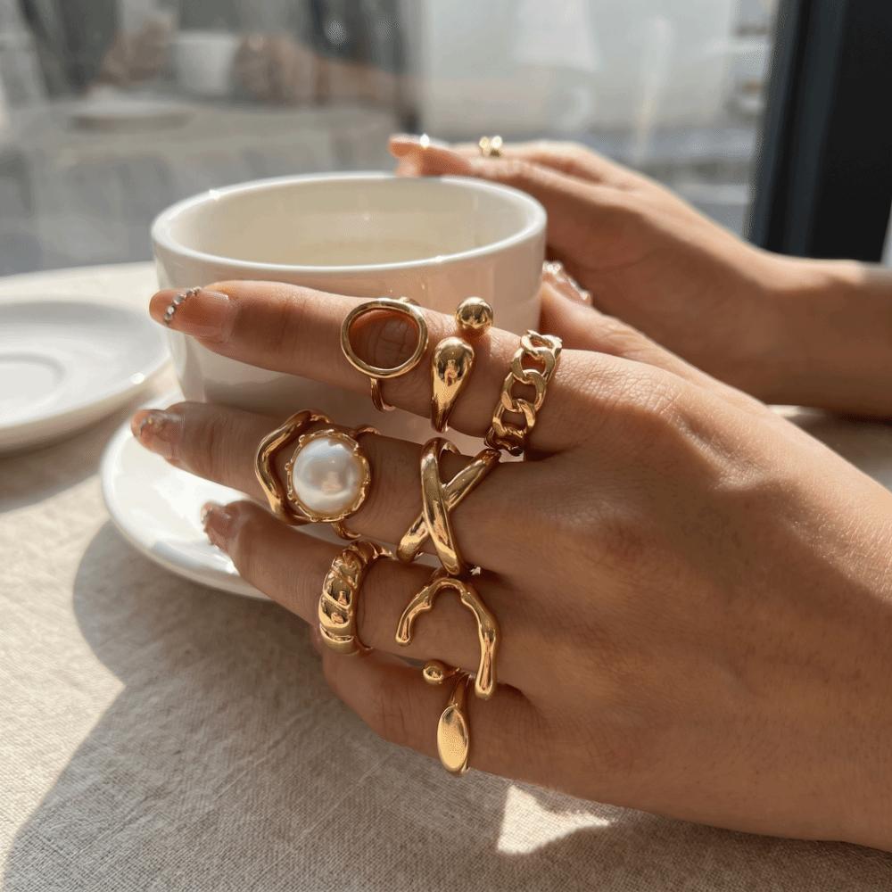 6/8/12 pcs/set Gold Sliver Open Ring Sets Zinc Zinc Alloy Floral Ring Elegant Geometric Baroque Ring Gift