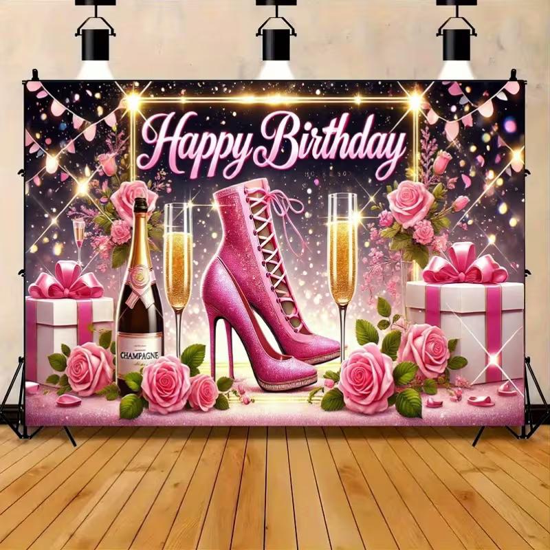 2D Pink Heel Birthday Photo Backdrop Women Party Decor Cloth