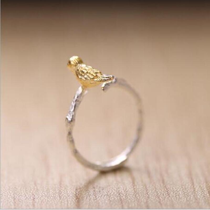 Hot Popular Personality Creative Fashion 925 Sterling Silver Jewelry Branches Golden Bird Exquisite Opening Rings R036