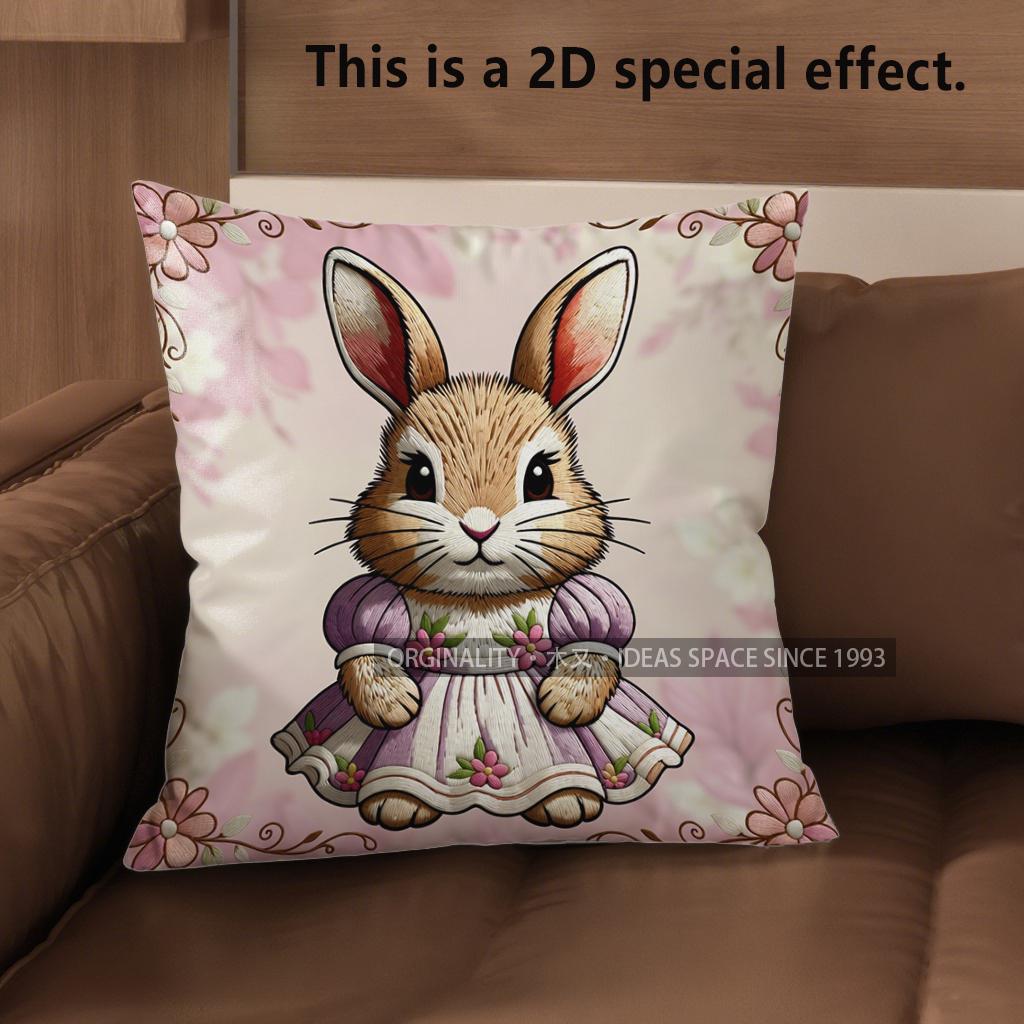 2D Cute Bunny Dressed In Flowers Pillow Covers Pattern Cushion Cover Suitable For Sofa Bedroom Car Pillow Cover