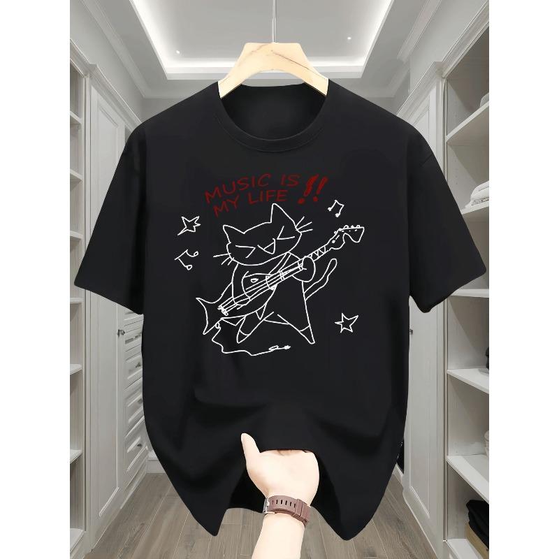 Kids Cat Playing Guitar Music Note Print Crewneck Casual Short Sleeve Tee