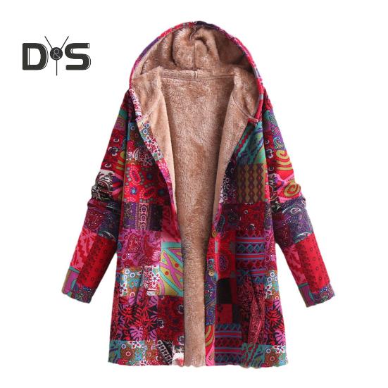 

Женское зимнее пальто с винтажным этническим принтом в стиле пэчворк с плюшевой подкладкой, капюшоном и карманами, куртка средней длины на пуговицах для активного отдыха S красный