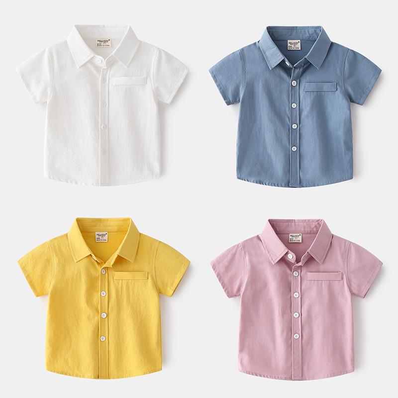Summer Boys Cotton Short-sleeved Shirt Monochrome Lapel Design Casual Children's Short Sleeves