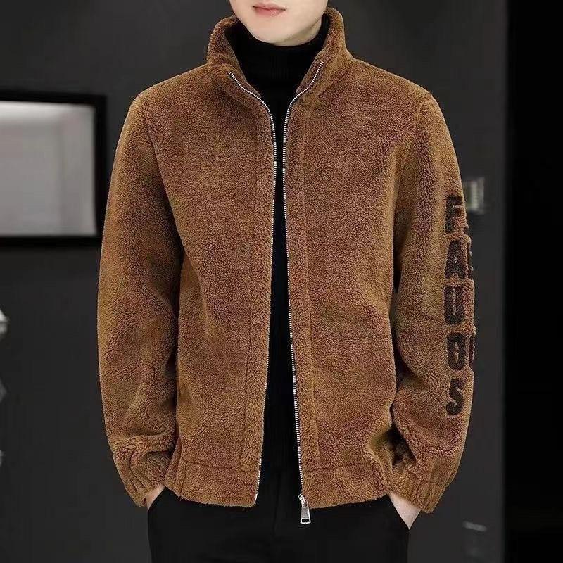 Men's Embroidered Lambswool Stand-Up Collar Coat for Autumn/Winter