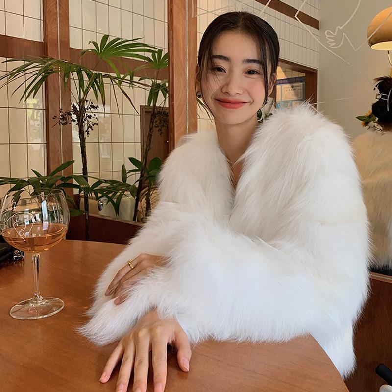 Winter New Elegant Long Sleeve Fox Fur Jackets Women Fashion Vintage Slim Plush Warm Casual Coats Women Solid Loose Office Ladies Jacket Tops 25879