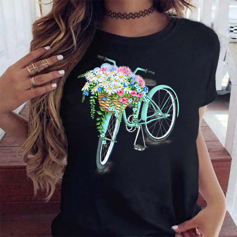 Woman Funny Bicycle Floral Print T Shirt Harajuku Women Tshirts Casual O-Neck Short Sleeves Tops Tees Shirt,Drop Shipping
