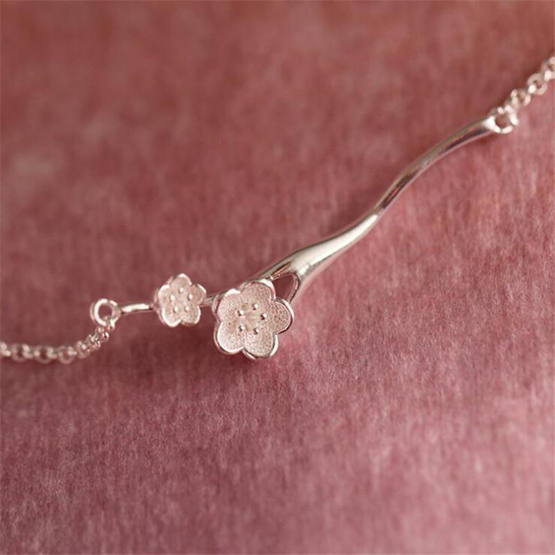 Neue Mode Pfirsichblüten Zweig Niedlich Literarisch Frische Blumen 925 Sterling Silber Schmuck Kirschblüte Damen Armbänder SL085