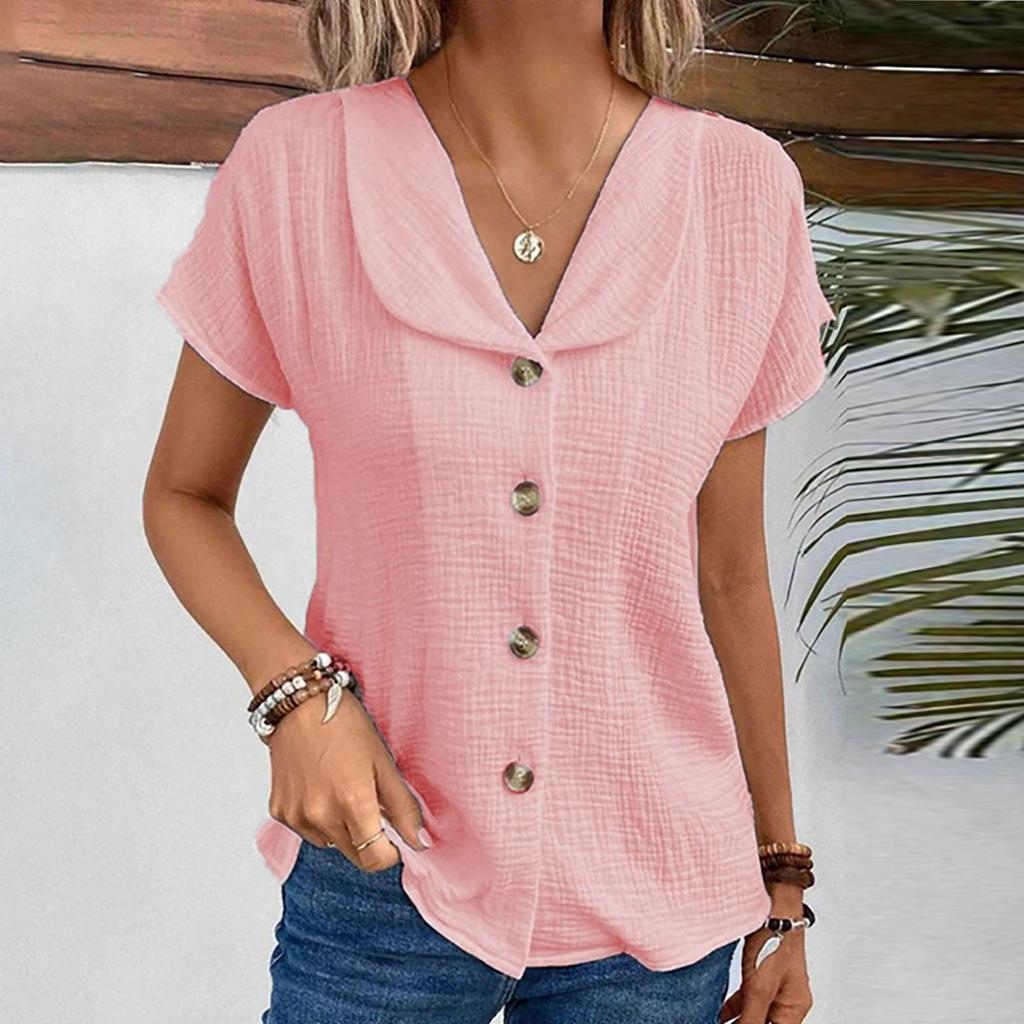 Women's Shirt Solid Color Slim  Fitting V-neck Button Cardigan Short-sleeved Top