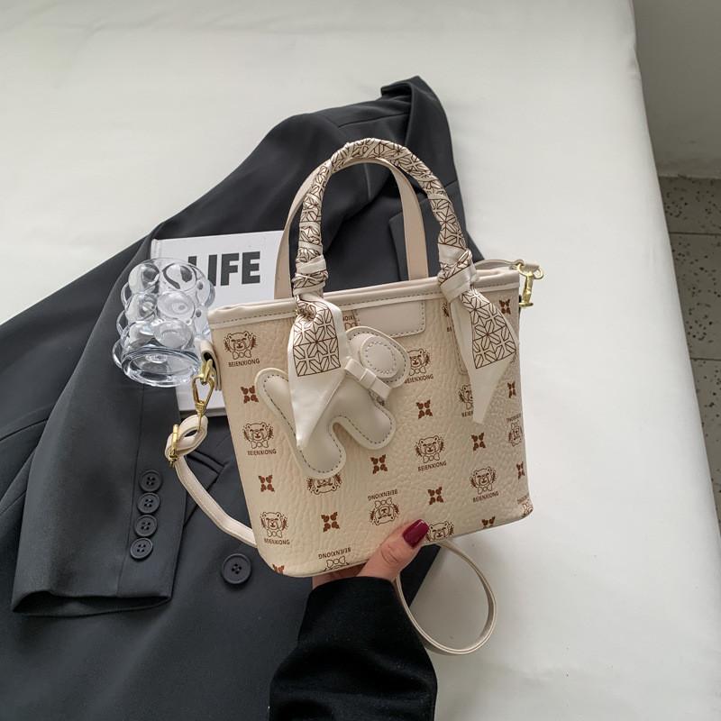 Trendy 2023 New Women s Shoulder Bag Sweet Fresh Pu Bucket Bag Floral Print Soft Crossbody Bag Beige