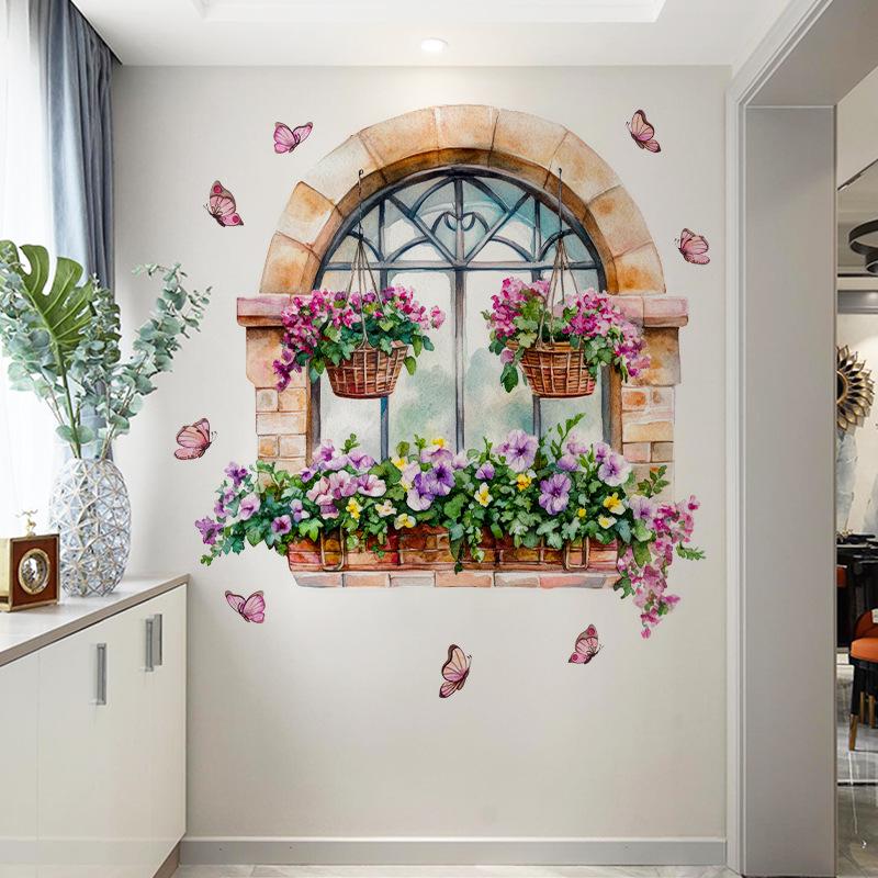 3D Fake Window Wall Sticker Self Adhesive Window Sill Flower Butterfly Decal for Living Room Bedroom Decoration Home Decor