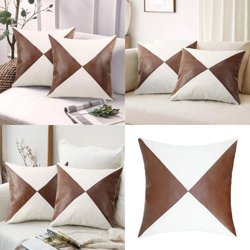 Faux Leather Pillow Case Waist Cushions Cover for Living Room Sofa Splicing Linen Throw Pillowcase Home Decoration