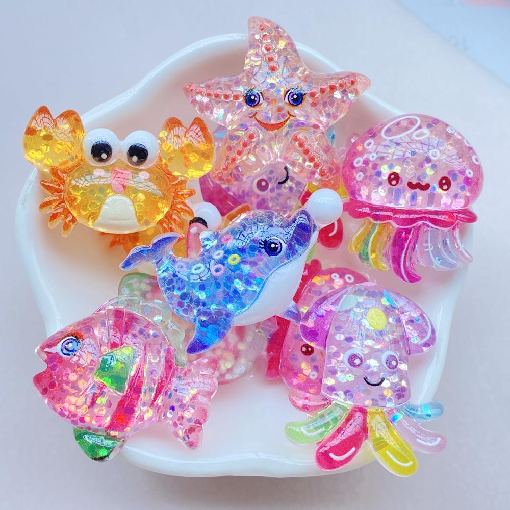 10Pcs New Cute Resin Cartoon Octopus, Crab, Starfish, Fish Series Flat Back Parts Embellishments For Hair Bows Accessories