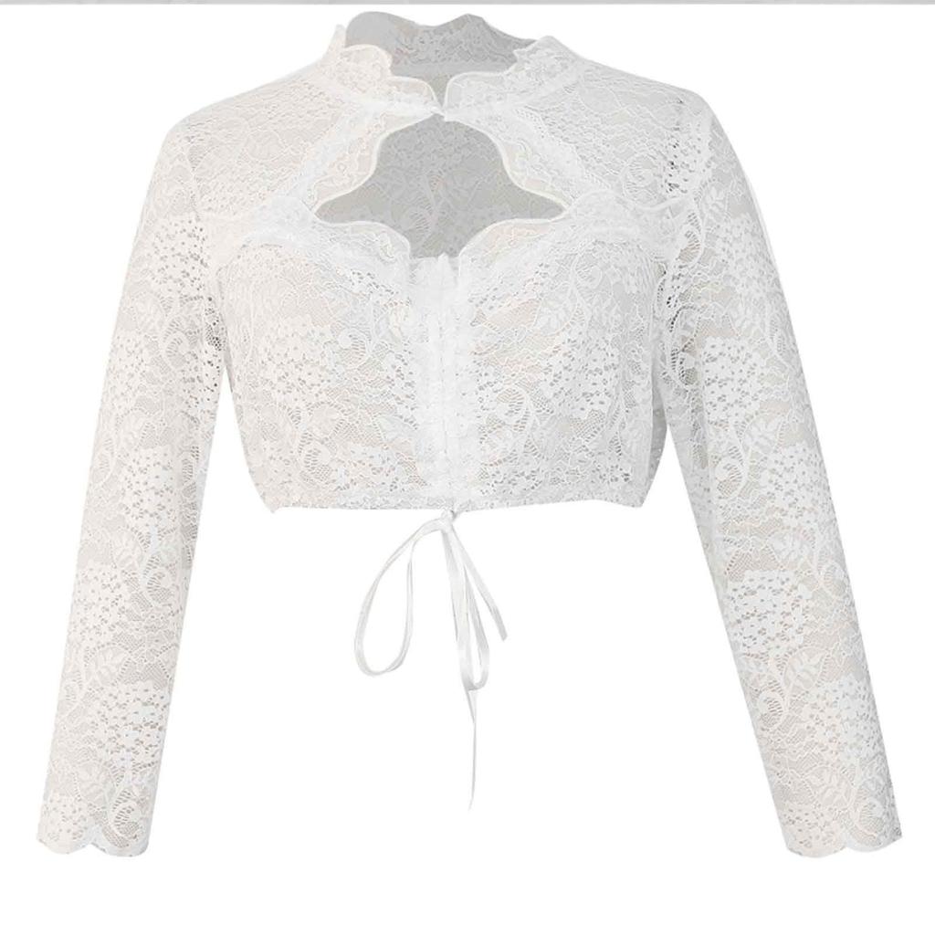 Women's Lace Crop Top Oktoberfest Dirndl Blouse Half Sleeve Traditional Bavarian Festival Shirt with Front Tie Detail